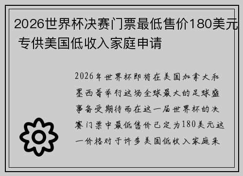 2026世界杯决赛门票最低售价180美元 专供美国低收入家庭申请
