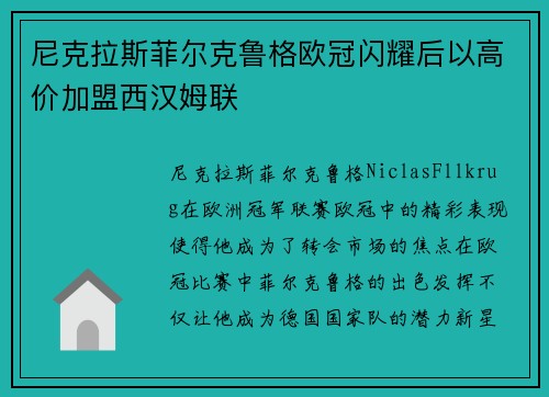 尼克拉斯菲尔克鲁格欧冠闪耀后以高价加盟西汉姆联